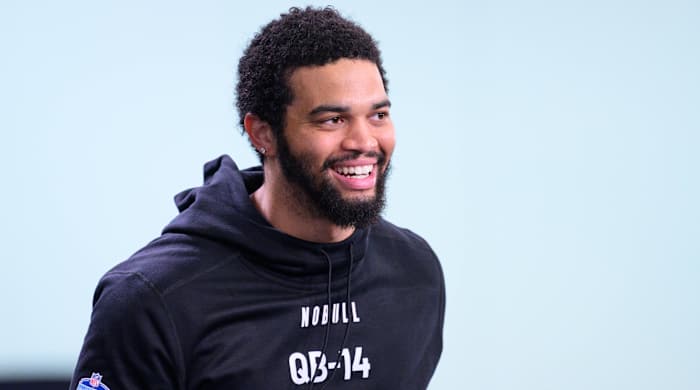 USC quarterback Caleb Williams answers questions from the media during the NFL scouting combine.